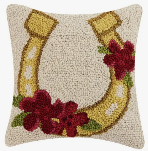 Gold Horseshoe with Flowers Hooked Pillow